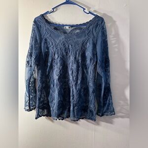 Express Blue Long Sleeve Lace Sheer Scallop Scoop Neck Blouse Size Medium